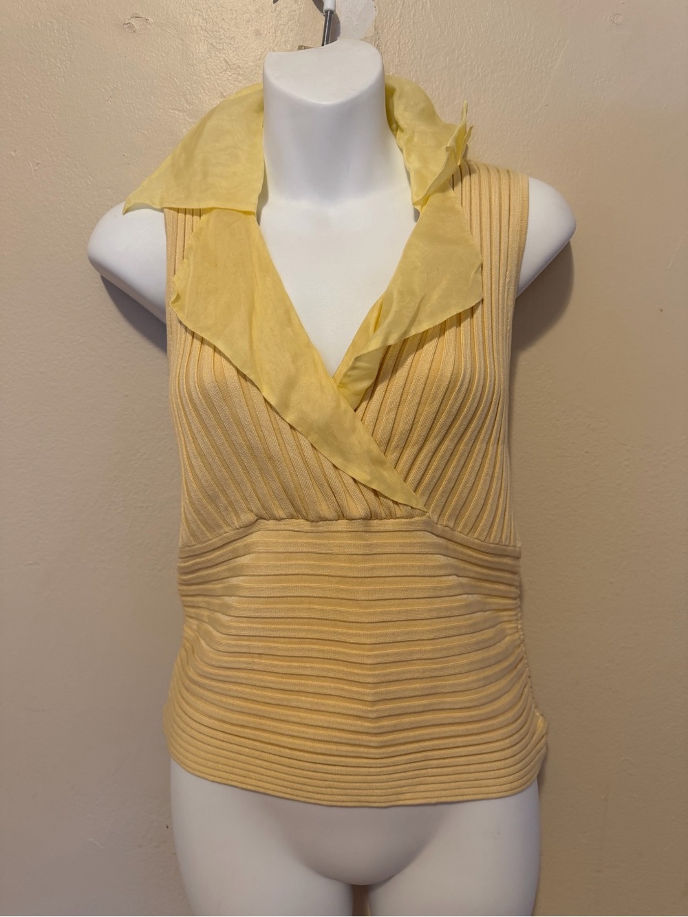 Sleeveless Yellow Ribbed Wrap-Front Blouse with Sheer Collar
